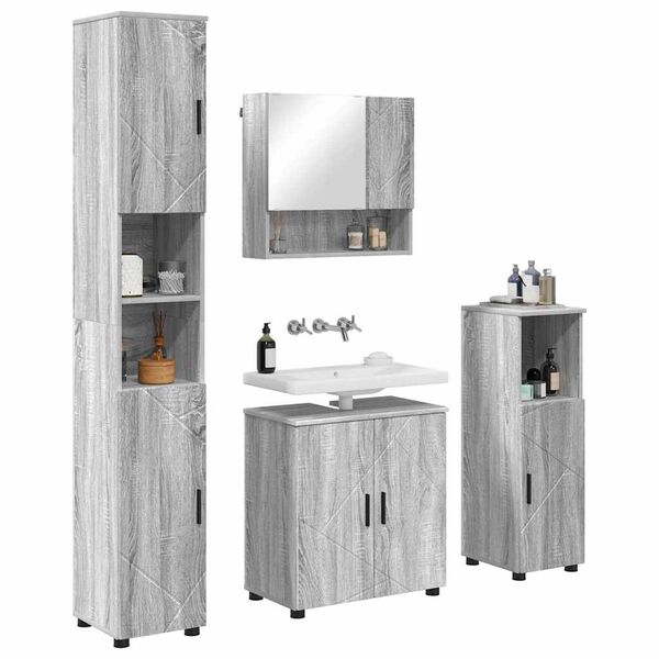 vidaXL Set de mobilier pentru baie Pe perete cu ușă 4 pcs Gri Sonoma