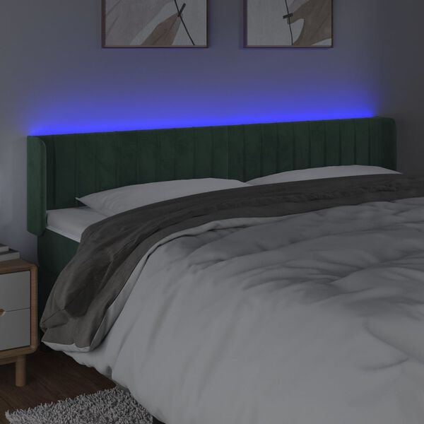vidaXL Tăblie de pat cu LED, verde &icirc;nchis, 203x16x78/88 cm, catifea