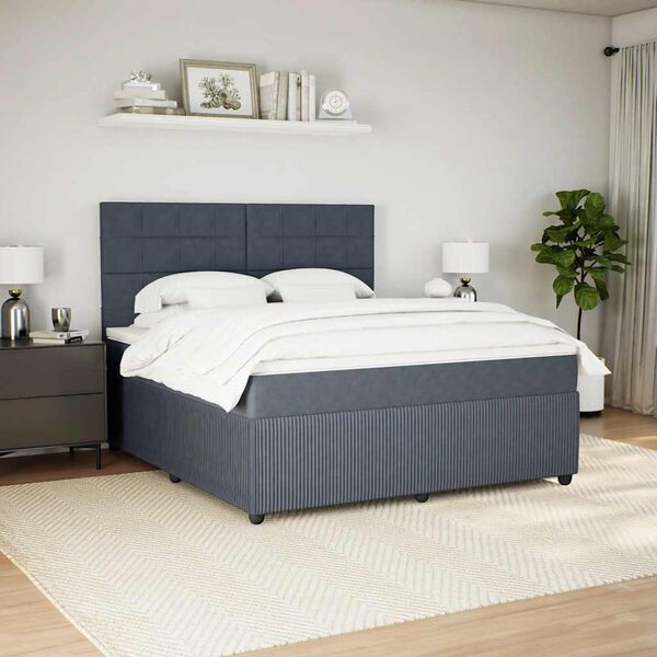 vidaXL Pat box spring cu saltea, gri &icirc;nchis, 180x200 cm, catifea