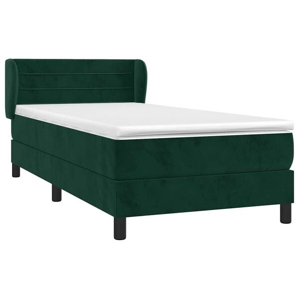 vidaXL Pat box spring cu saltea, verde &icirc;nchis, 90x200 cm, catifea