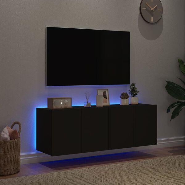 vidaXL Comode TV de perete cu lumini LED, 2 buc., negru, 60x35x41 cm