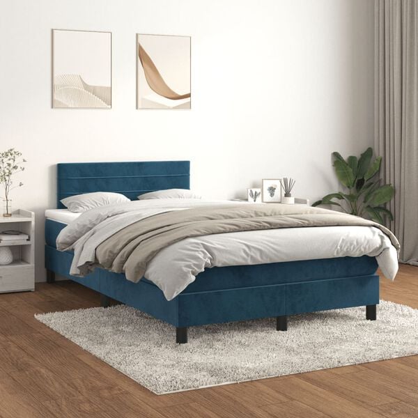 vidaXL Pat box spring cu saltea, albastru &icirc;nchis, 120x190 cm, catifea
