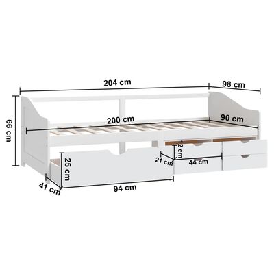 vidaXL Pat de zi, 3 locuri, cu sertare, alb, 90x200 cm, lemn masiv pin