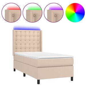 vidaXL Pat cu arcuri, cu saltea și LED cappuccino 90x190 cm, piele eco