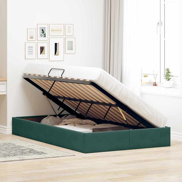 vidaXL Pat cu storage cu saltea Verde &icirc;nchis 120 x 200 cm Catifea
