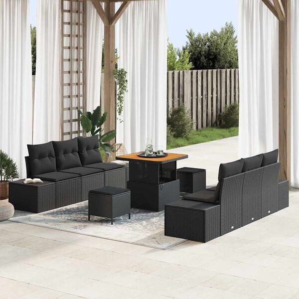 vidaXL Set de canapele pentru grădină cu pernă 9 pcs Negru Rattan poli