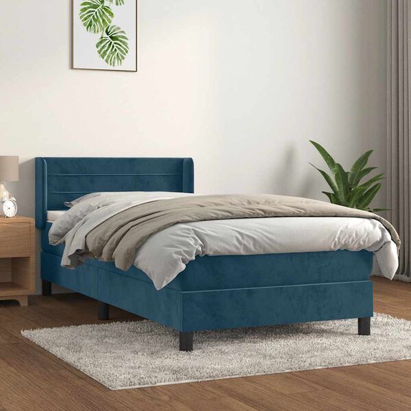 vidaXL Pat box spring cu saltea, albastru &icirc;nchis, 80x200 cm, catifea