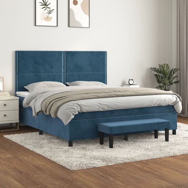 vidaXL Pat box spring cu saltea, albastru &icirc;nchis, 160x200 cm, catifea