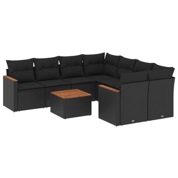 vidaXL Set mobilier de grădină cu perne, 9 piese, negru, poliratan