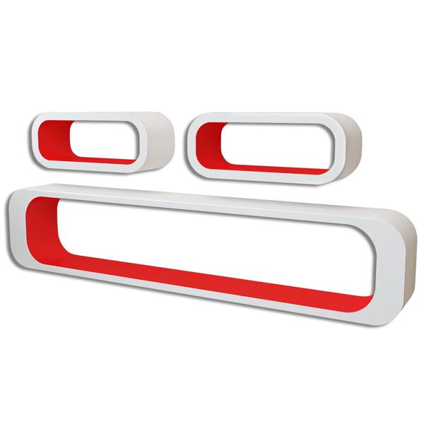 Raft perete suspendat MDF 3 buc alb-roșu, cuburi depozitare cărți/DVD