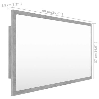 vidaXL Oglindă de baie cu LED, gri beton, 90x8,5x37 cm, acril