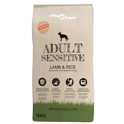 vidaXL Hrană câini uscată Premium, miel & orez adulți sensibili, 15 kg