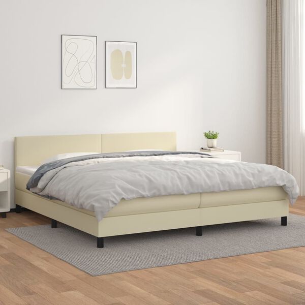 vidaXL Pat continental cu saltea, crem, 200x200 cm, piele ecologică