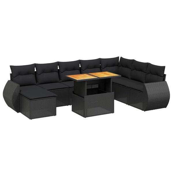 vidaXL Set mobilier de grădină cu perne, 9 piese, negru, poliratan