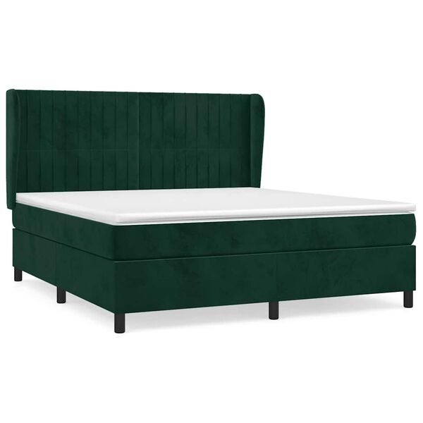 vidaXL Pat box spring cu saltea, verde &icirc;nchis, 180x200 cm, catifea