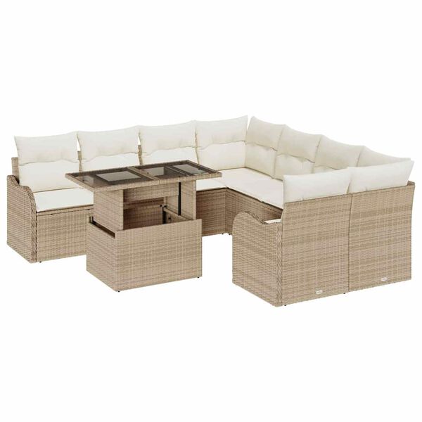 vidaXL Set de canapele pentru grădină cu pernă 9 pcs Bej Rattan poli