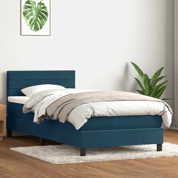vidaXL Pat box spring cu saltea, albastru &icirc;nchis, 80x220 cm, catifea