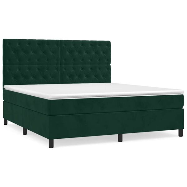 vidaXL Pat box spring cu saltea, verde &icirc;nchis, 160x200 cm, catifea