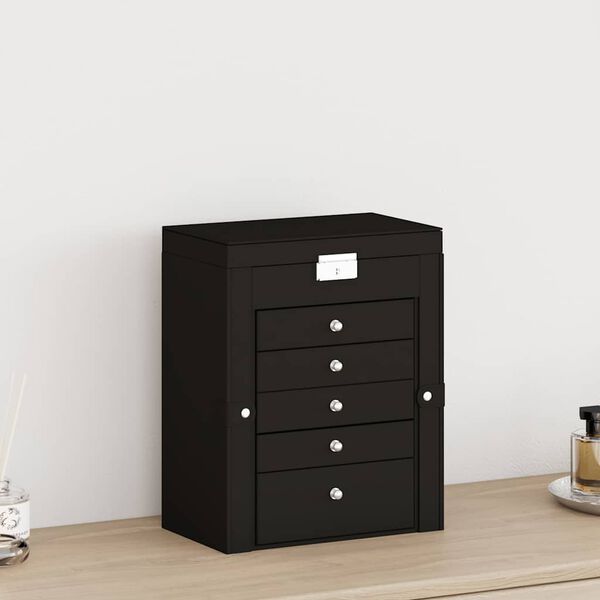 vidaXL Cutie de bijuterii cu 6 straturi cu oglindă &icirc;ncuiată neagră