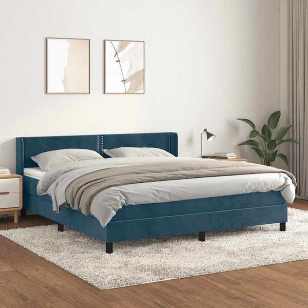 vidaXL Pat box spring cu saltea, albastru &icirc;nchis, 180x200 cm, catifea