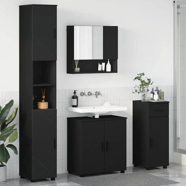 vidaXL Set de mobilier pentru baie 4 pcs Negru Lemn compozit & Metal