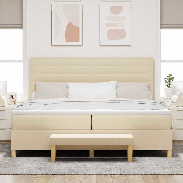 vidaXL Pat cu arcuri cu saltea cu headboard Crem 200 x 200 cm țesătură