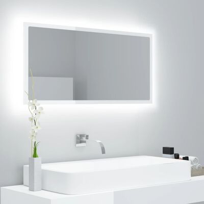 vidaXL Oglindă de baie cu LED, alb extralucios, 90x8,5x37 cm, acril