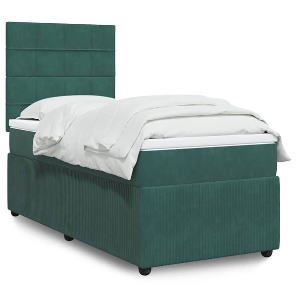 vidaXL Pat box spring cu saltea, verde &icirc;nchis, 90x200 cm, catifea