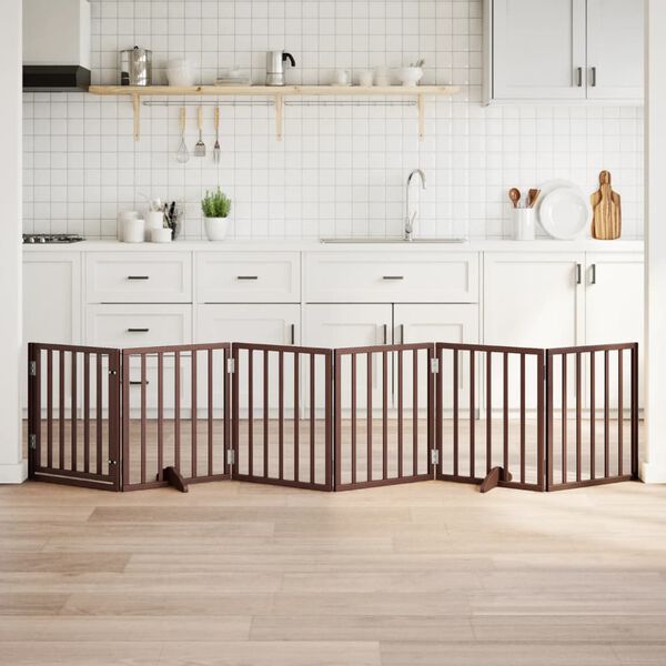 vidaXL Poartă c&acirc;ini pliabilă cu ușă 6 panouri maro, 300 cm, lemn plop