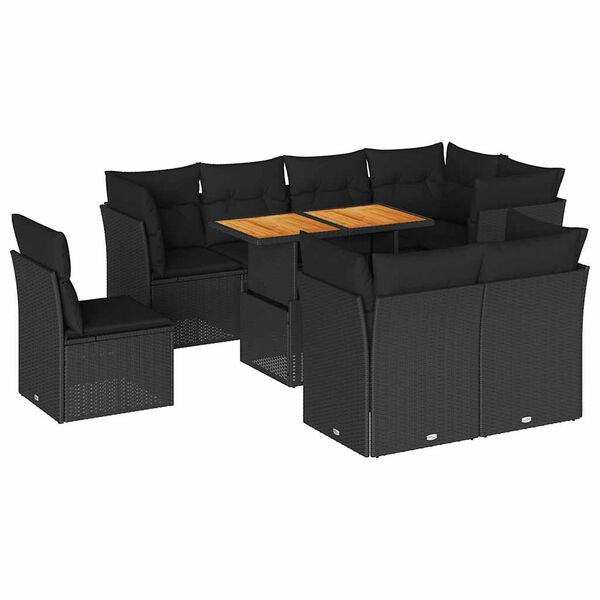 vidaXL Set mobilier de grădină cu perne, 9 piese, negru, poliratan