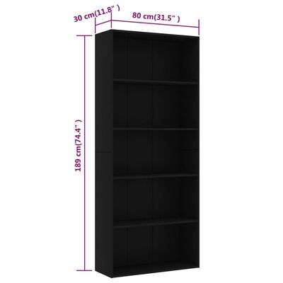 vidaXL Bibliotecă cu 5 rafturi, negru, 80 x 30 x 189 cm, PAL