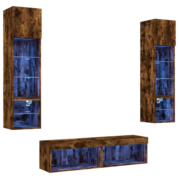 vidaXL Unități de perete TV cu LED-uri, 6 piese, stejar fumuriu, lemn