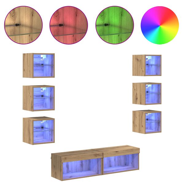 vidaXL Cabinet TV cu lumini cu bandă LED 8 pcs Stejar Artizanal Sticlă