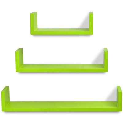 Rafturi suspendate depozitare cărți/DVD 3 buc, verde, formă de U, MDF