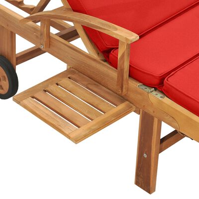 vidaXL Șezlong cu pernă, roșu, lemn masiv de tec