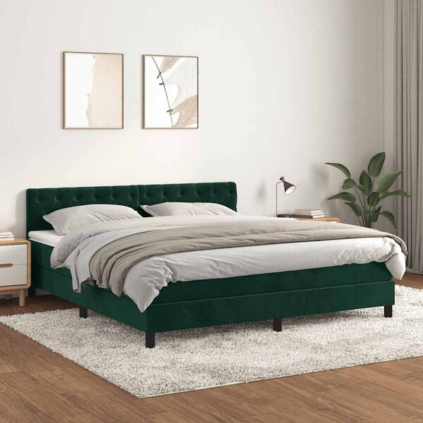 vidaXL Pat box spring cu saltea, verde &icirc;nchis, 180x200 cm, catifea