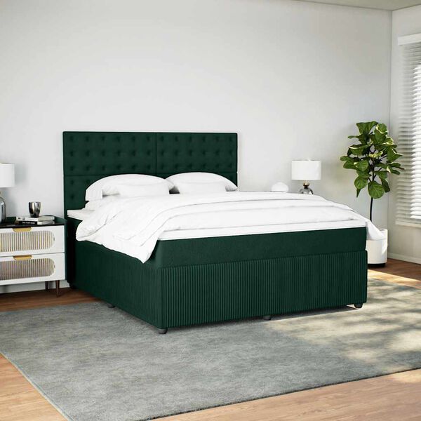 vidaXL Pat box spring cu saltea, verde &icirc;nchis, 180x200 cm, catifea