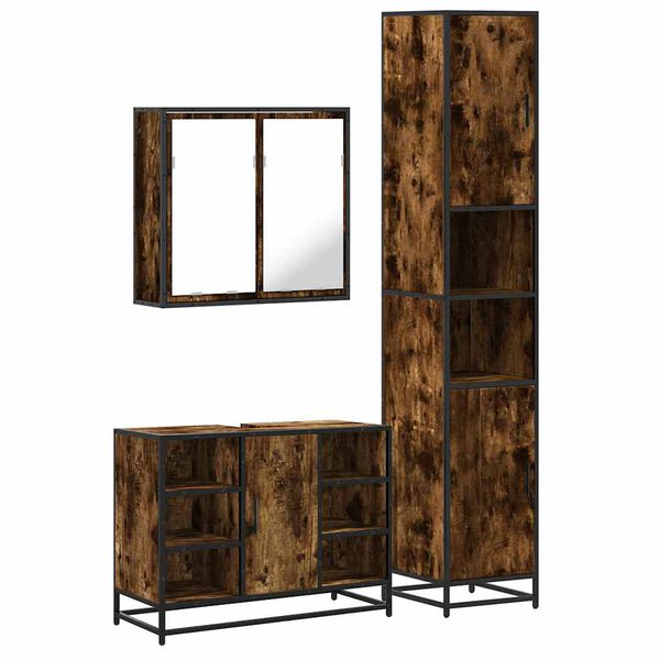 vidaXL Set mobilier de baie, 3 piese, stejar fumuriu, lemn prelucrat