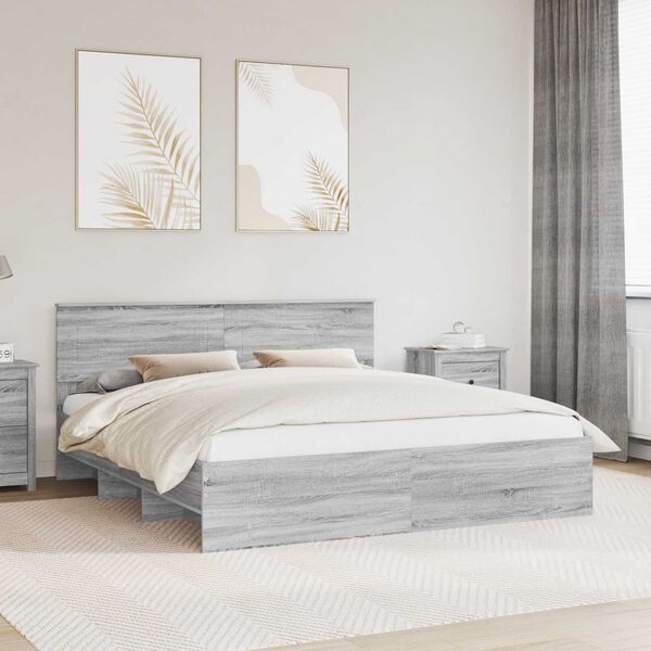 vidaXL Cadru de pat cu headboard Gri Sonoma 200 x 200 cm Lemn compozit