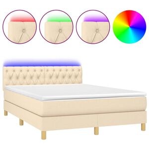 vidaXL Pat cu arcuri, saltea și LED, crem, 140x200 cm, textil