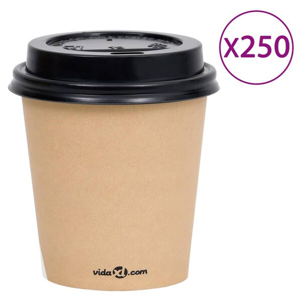 vidaXL Pahare de cafea de h&acirc;rtie cu capace, 250 buc., maro, 200 ml