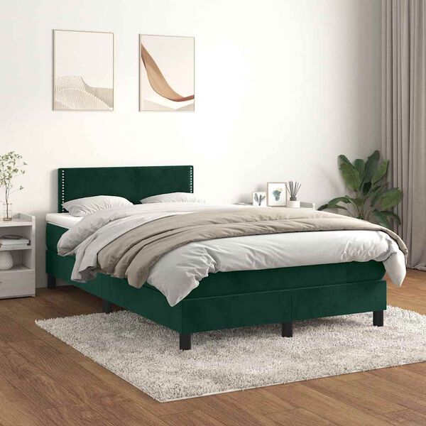 vidaXL Pat box spring cu saltea, verde &icirc;nchis, 120x200 cm, catifea
