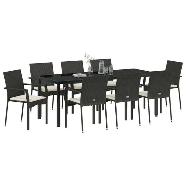 vidaXL Set de masă pentru grădină cu pernă 9 pcs Negru poliratan