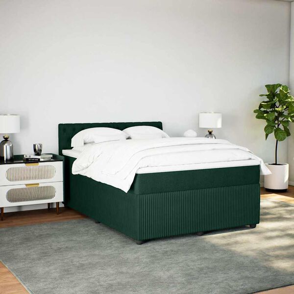 vidaXL Pat box spring cu saltea, verde &icirc;nchis, 140x190 cm, catifea