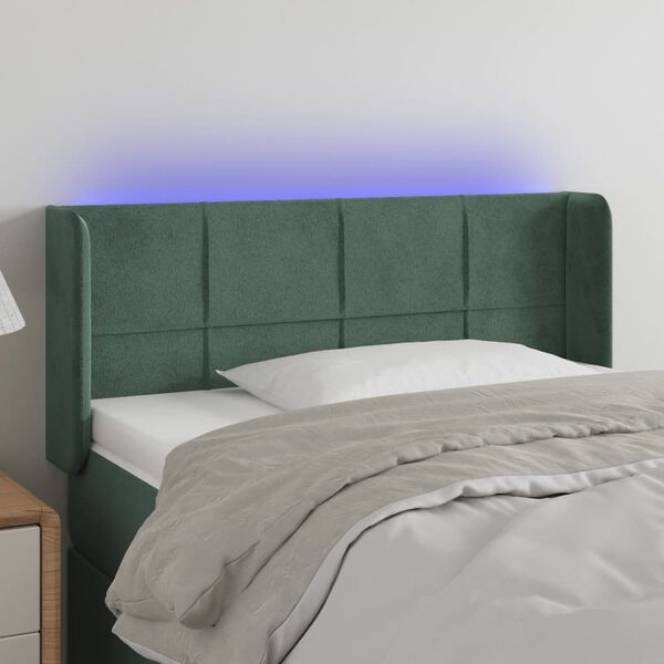 vidaXL Tăblie de pat cu LED, verde &icirc;nchis, 93x16x78/88 cm, catifea