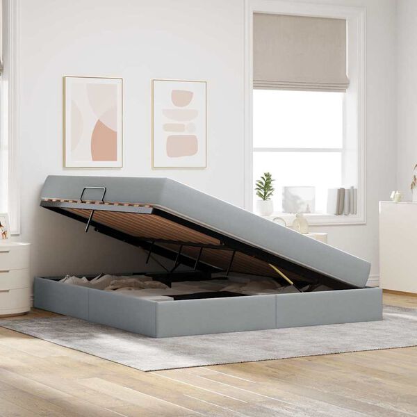 vidaXL Pat cu saltea și spațiu de depozitare Gri deschis 160 x 200 cm