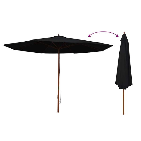 vidaXL Umbrelă de soare de exterior, st&acirc;lp din lemn, negru, 350 cm