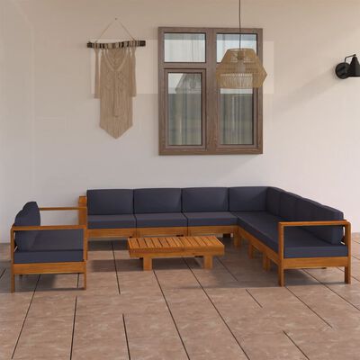 vidaXL Set mobilier grădină perne gri închis, 9 piese, lemn acacia