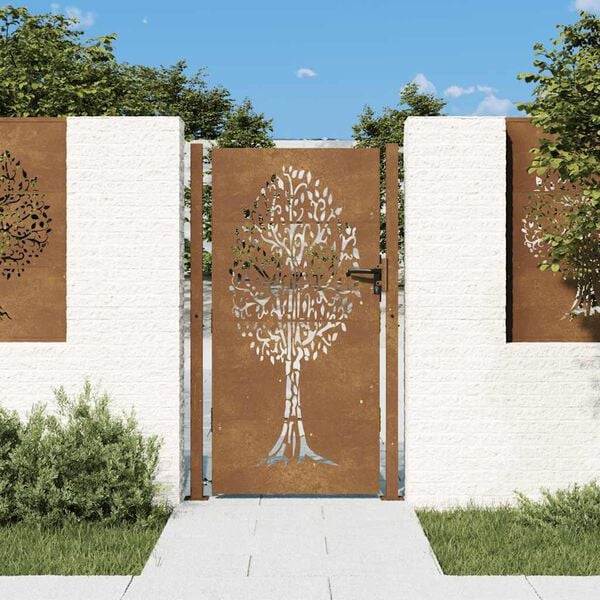 vidaXL Poartă de grădină 100x175 cm, oțel corten, design copac