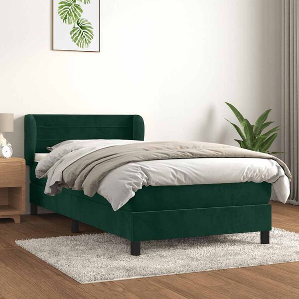 vidaXL Pat box spring cu saltea, verde &icirc;nchis, 80x200 cm, catifea